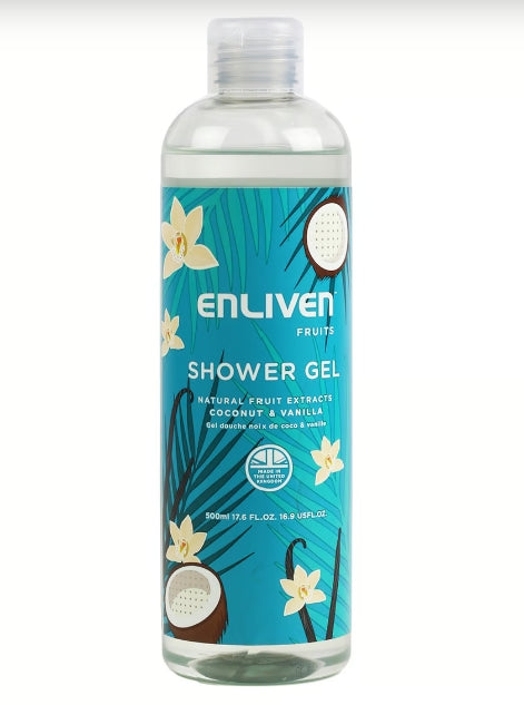 Double the fun with Enliven Coconut &amp; Vanilla and Raspberry &amp; Red Apple Shower Gels 500 ML each