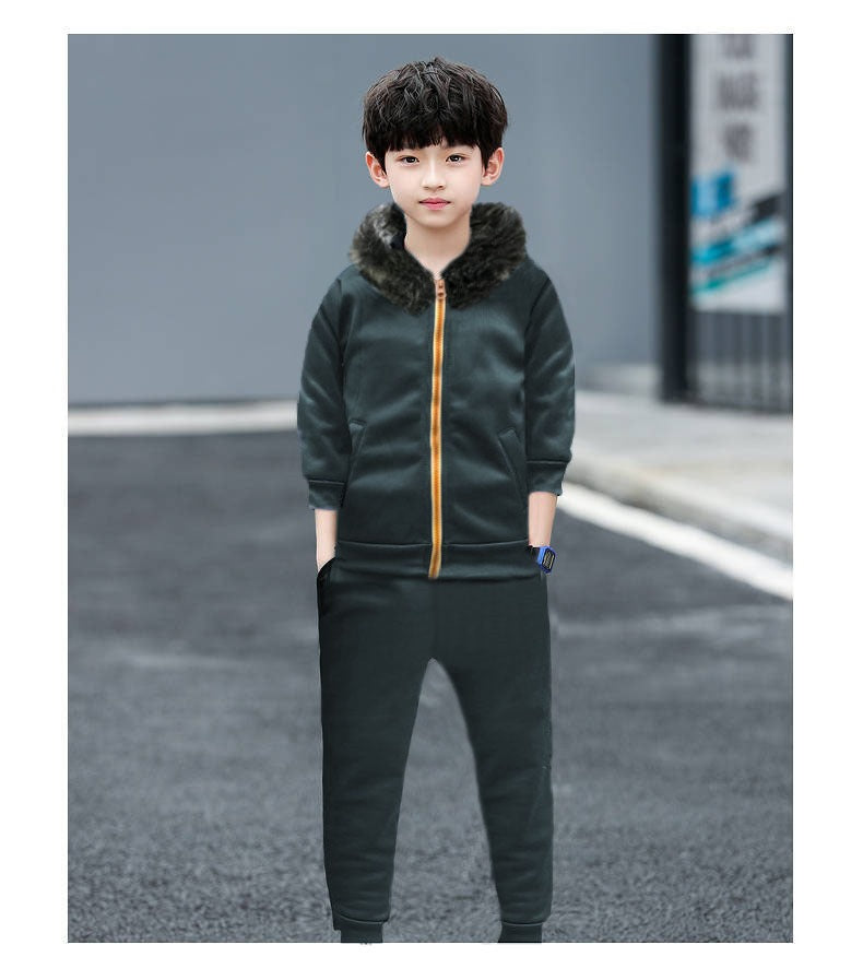 Fur Neck Zipper TRACKSUITE for Boys(Fleece) Colors: Dark green, 14 years.