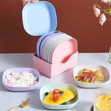 Square Plastic Dinner Plate Set (Set of 10 Pcs) Colorful Snacks / Breakfast Plate with Stand