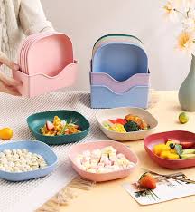 Square Plastic Dinner Plate Set (Set of 10 Pcs) Colorful Snacks / Breakfast Plate with Stand