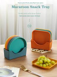 Square Plastic Dinner Plate Set (Set of 10 Pcs) Colorful Snacks / Breakfast Plate with Stand